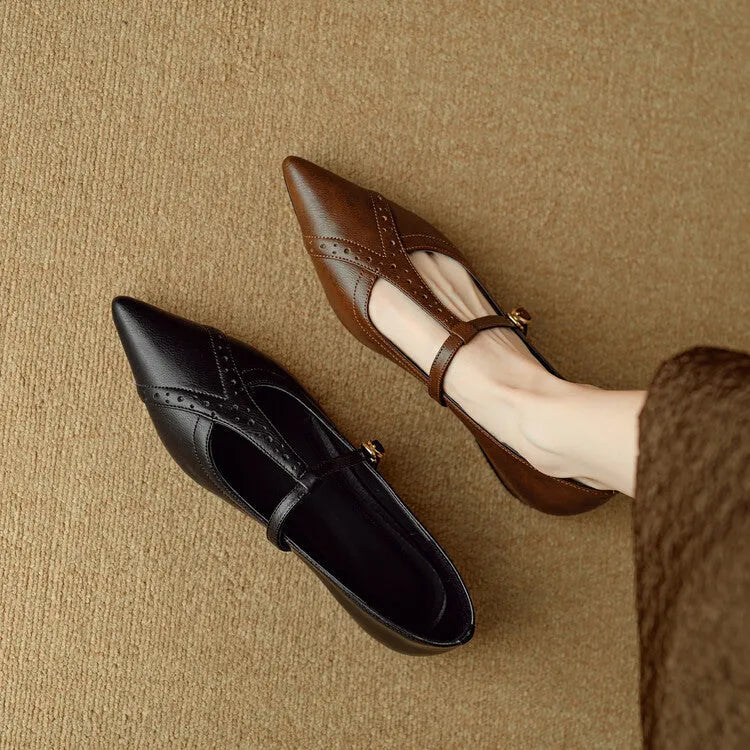 Women's brown cowhide pointed toe flat shoes with metal accents and soft sole