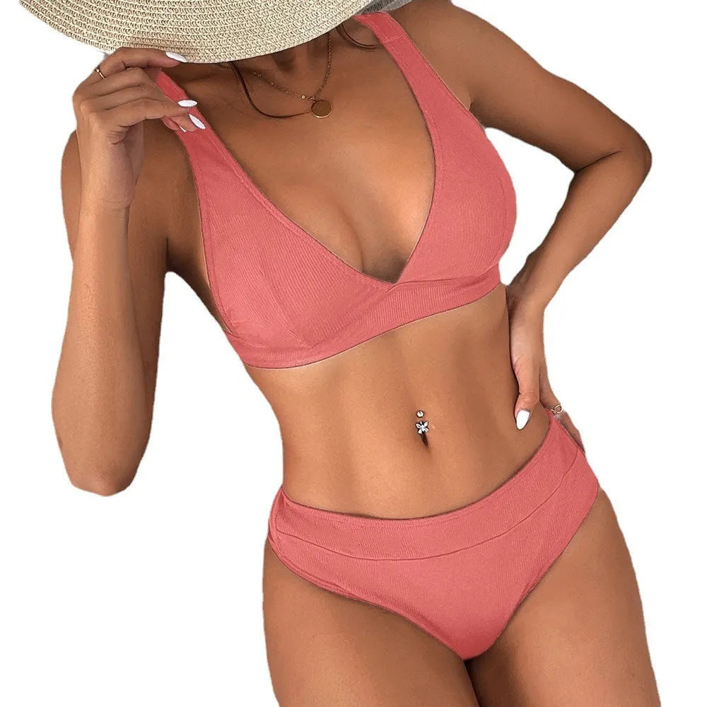 Women's black lace-up split bikini set shown on a size chart with colour options.