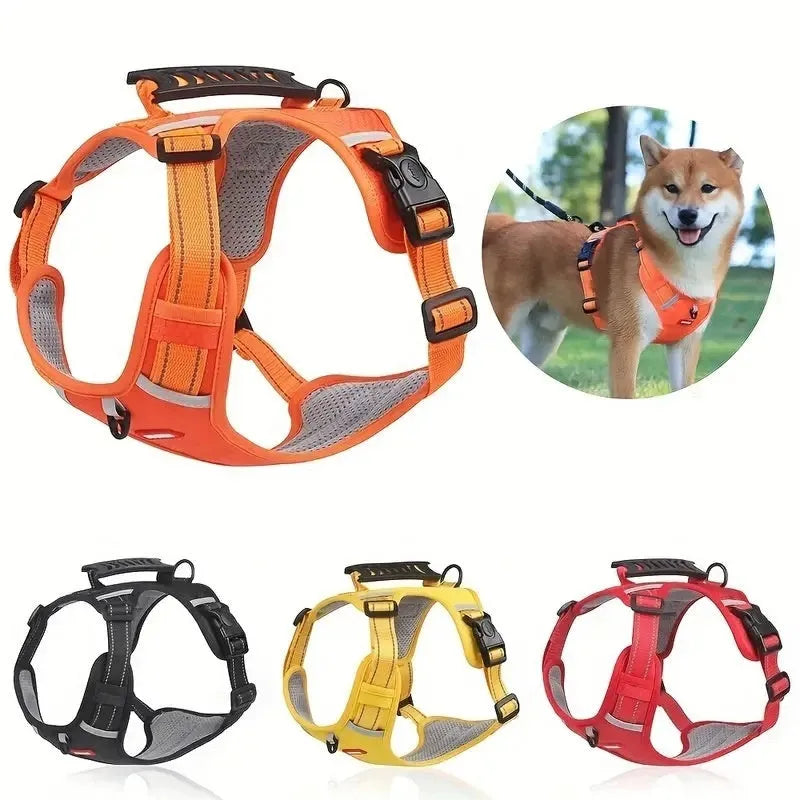 Adjustable polyester dog chest harness and traction rope in six colour options for secure walking