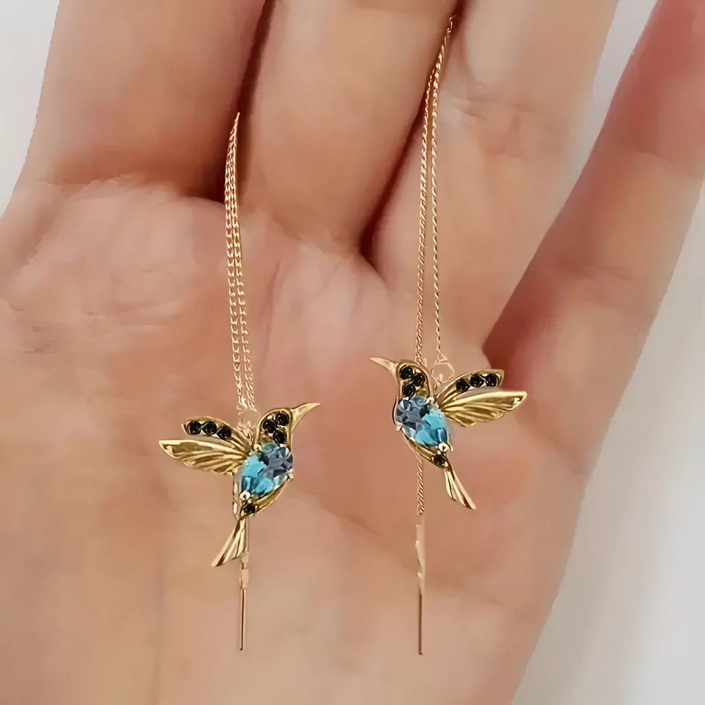 Personalised long drop earrings with bird design and mixed zirconium wings in three colour options