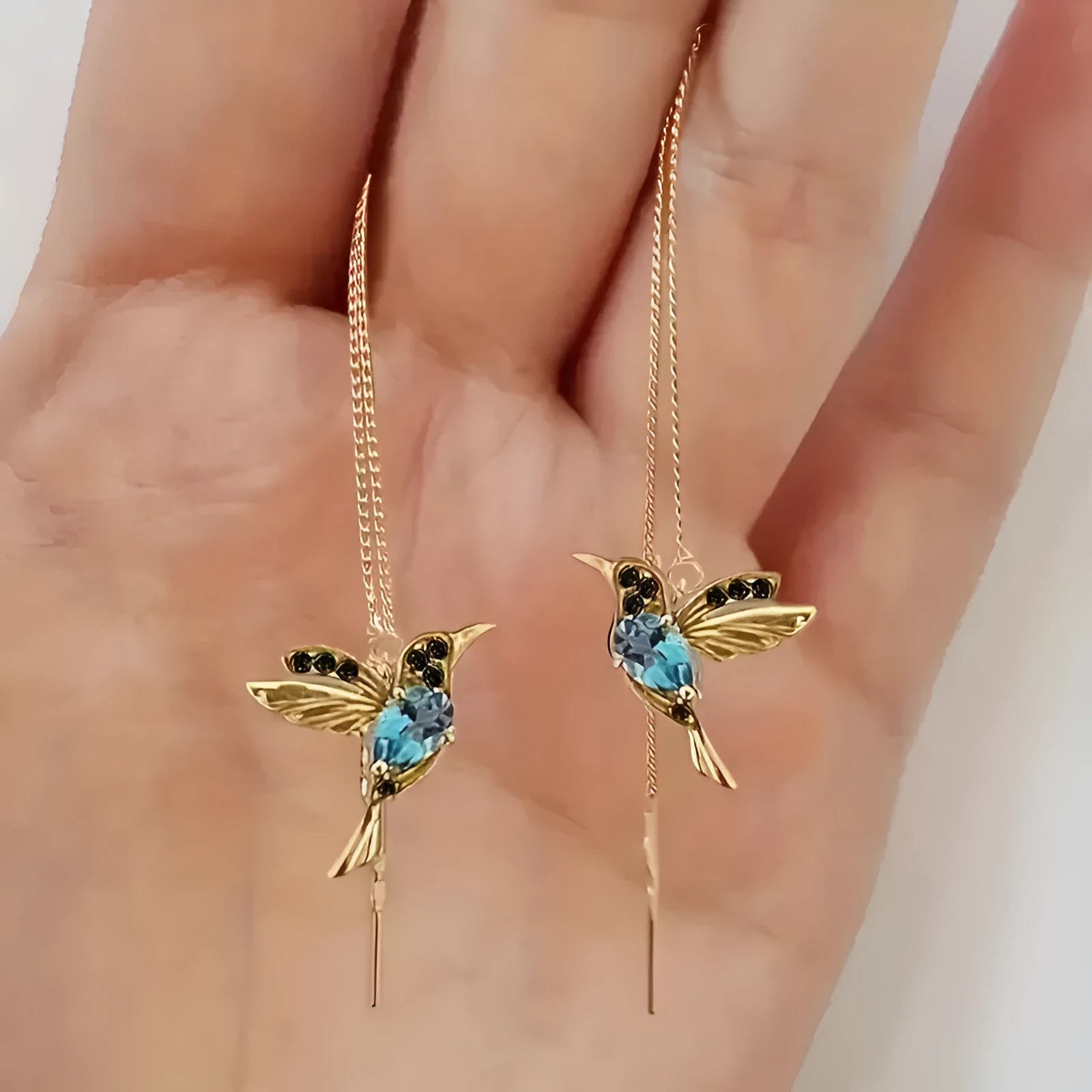 Personalised long drop earrings with bird design and mixed zirconium wings in three colour options
