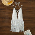 White women's one-piece swimsuit with deep V neckline and tassel decoration