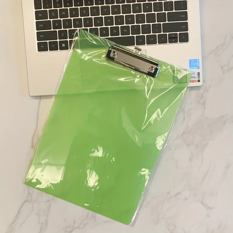 Transparent A4 writing board pad with metal clip holding documents, available in blue, green, red, and white colours