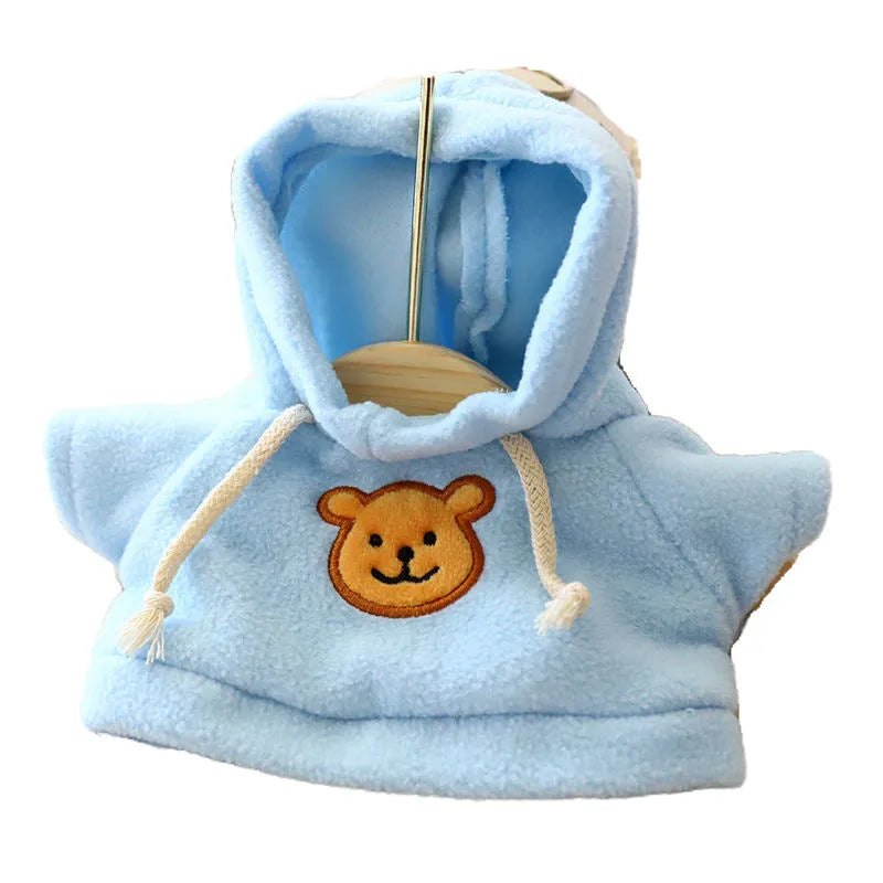 Blue hooded dog sweater shown on a mannequin, a pet clothing item available in 23cm and 42cm sizes.