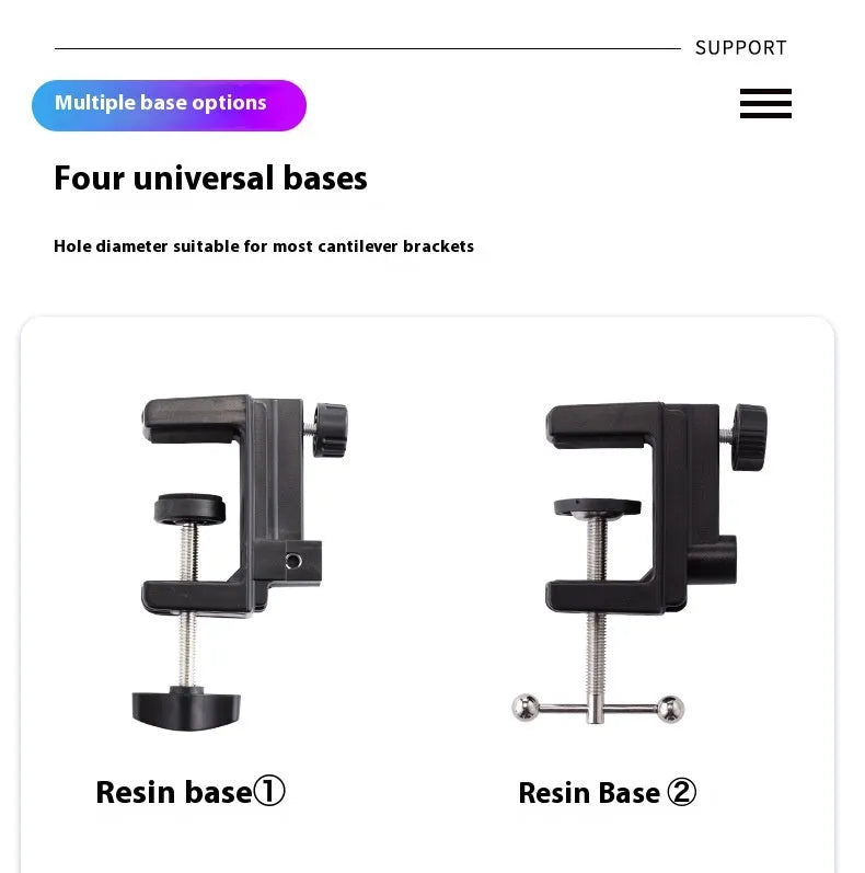 Black foldable metal cantilever bracket holding tablet on desktop with adjustable arm extended