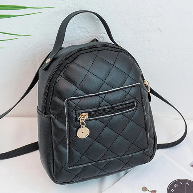 Girls' hard case square backpack with embroidery in white, black, or pink colours, showing soft handle and dimensions.