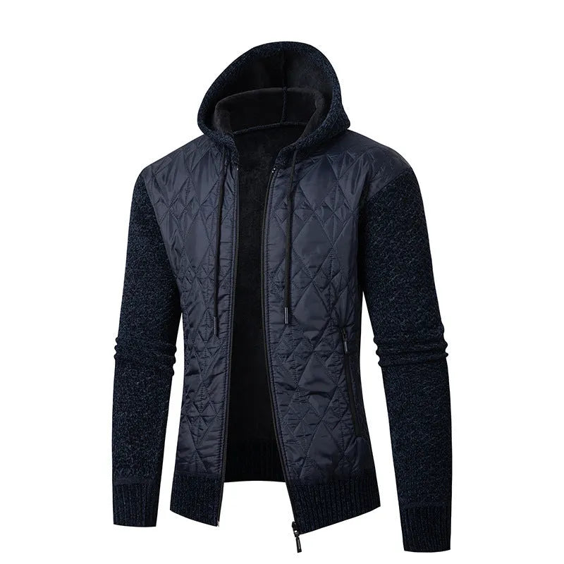 Men's gray hooded corduroy sweater coat with cinched waist styling for winter wear