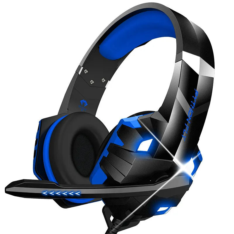 Wired gaming headset with microphone and LED lights in blue colour