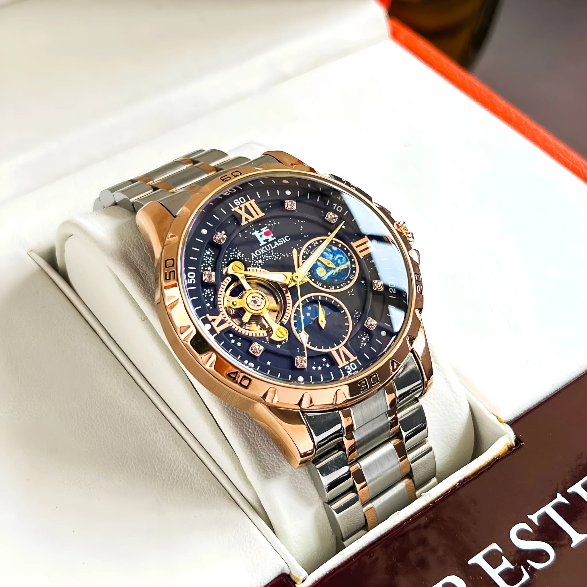Men's automatic mechanical watch with rose gold case and black dial