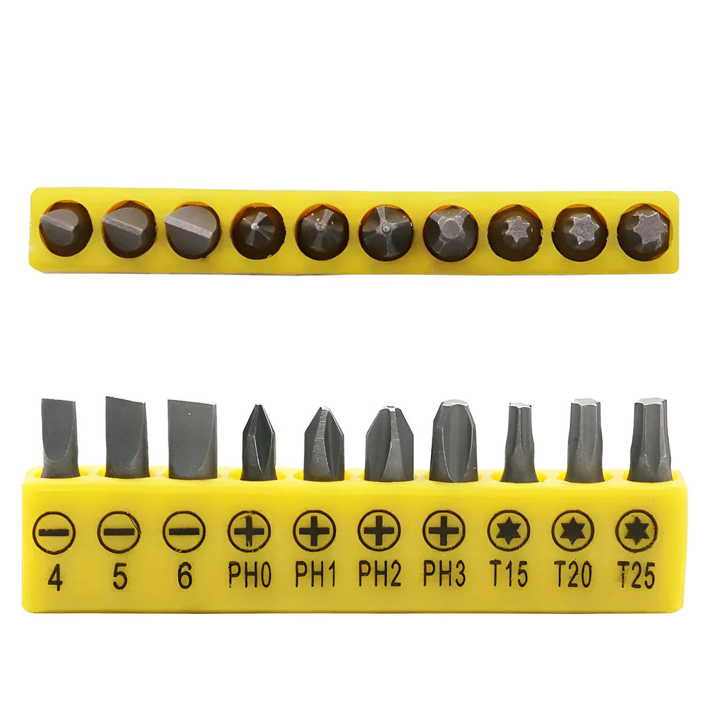 L-shaped double-headed socket wrench with 10 screwdriver bits on work surface