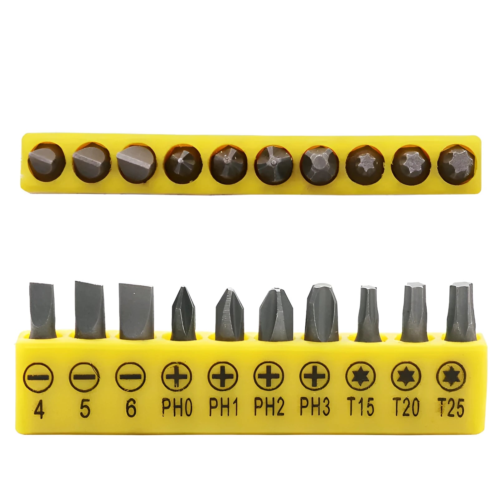 L-shaped double-headed socket wrench with 10 screwdriver bits on work surface