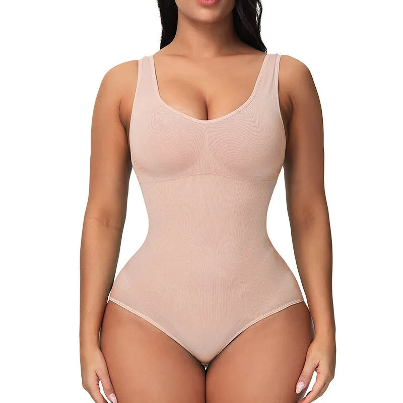 Seamless women's shaping bodysuit in nylon fabric shown in apricot colour.