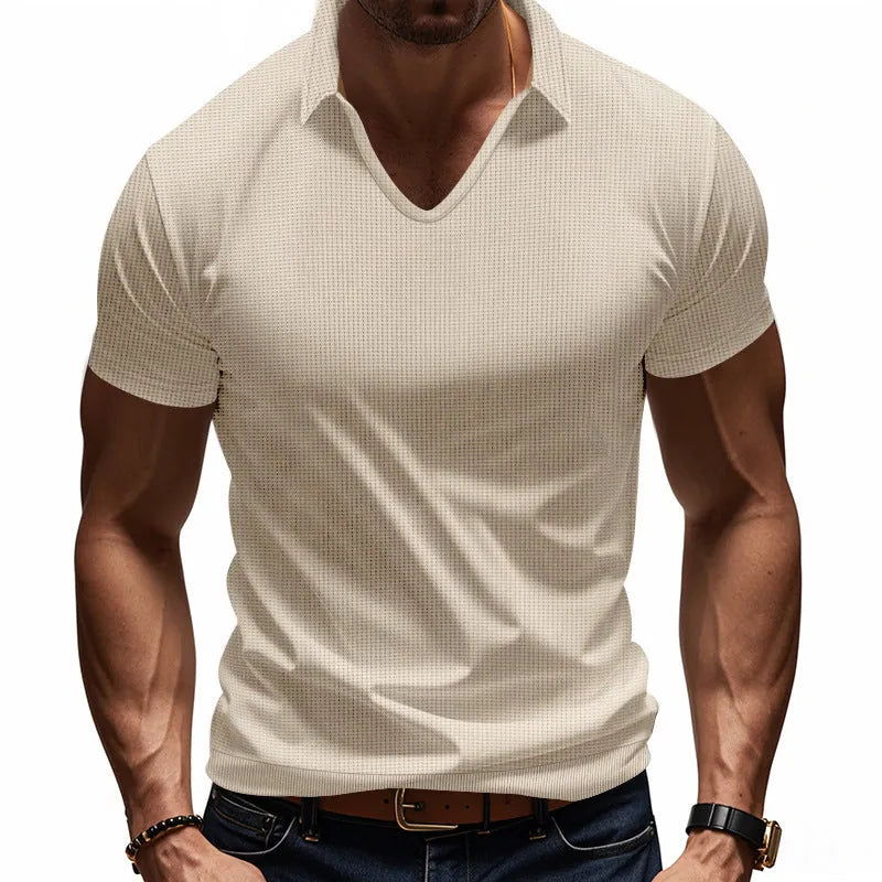 Men's loose fit light grey V-neck short sleeve casual t-shirt laid flat