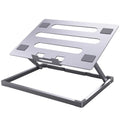 Silver aluminium alloy folding laptop cooling stand on a wooden desk.