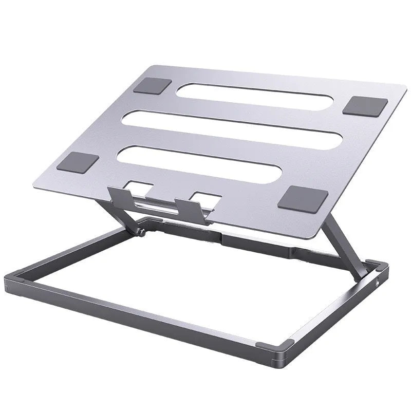 Silver aluminium alloy folding laptop cooling stand on a wooden desk.