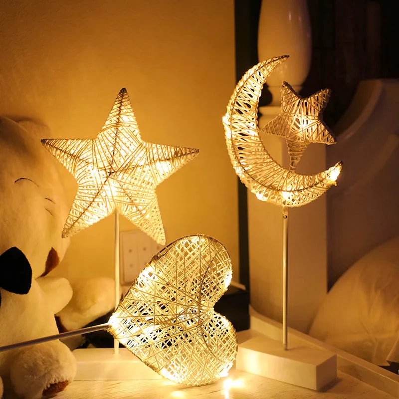 Battery-powered rattan and PC decorative LED lamp in heart, star, or moon shape.