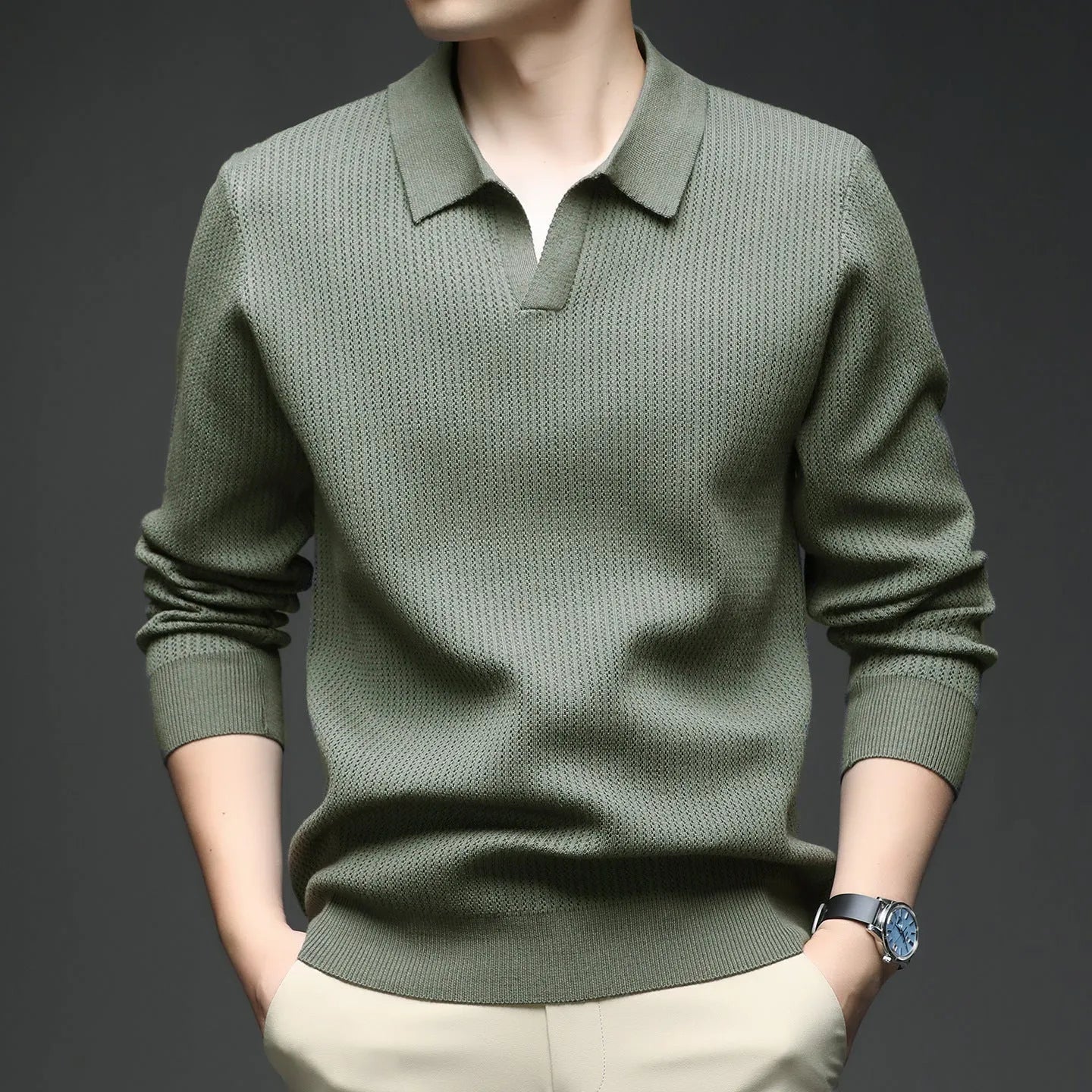 Men's loose fit casual jumper in green colour shown front view
