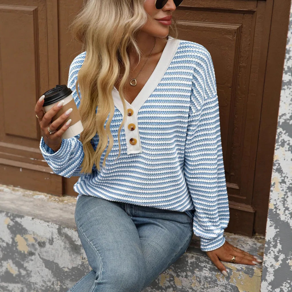 Women's long sleeve V-neck pullover top with button details and patchwork design in loose fit