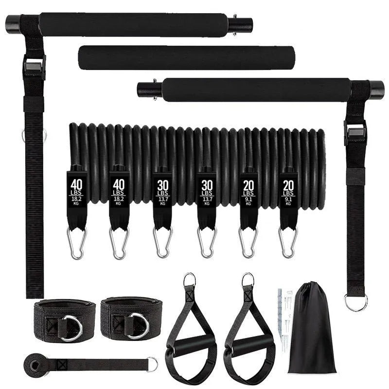 Yoga gymnastic bar with 180 pound pink resistance band set for fitness training