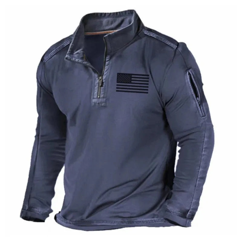 Men's zipped stand collar long-sleeved athletic sweater in polyester fibre