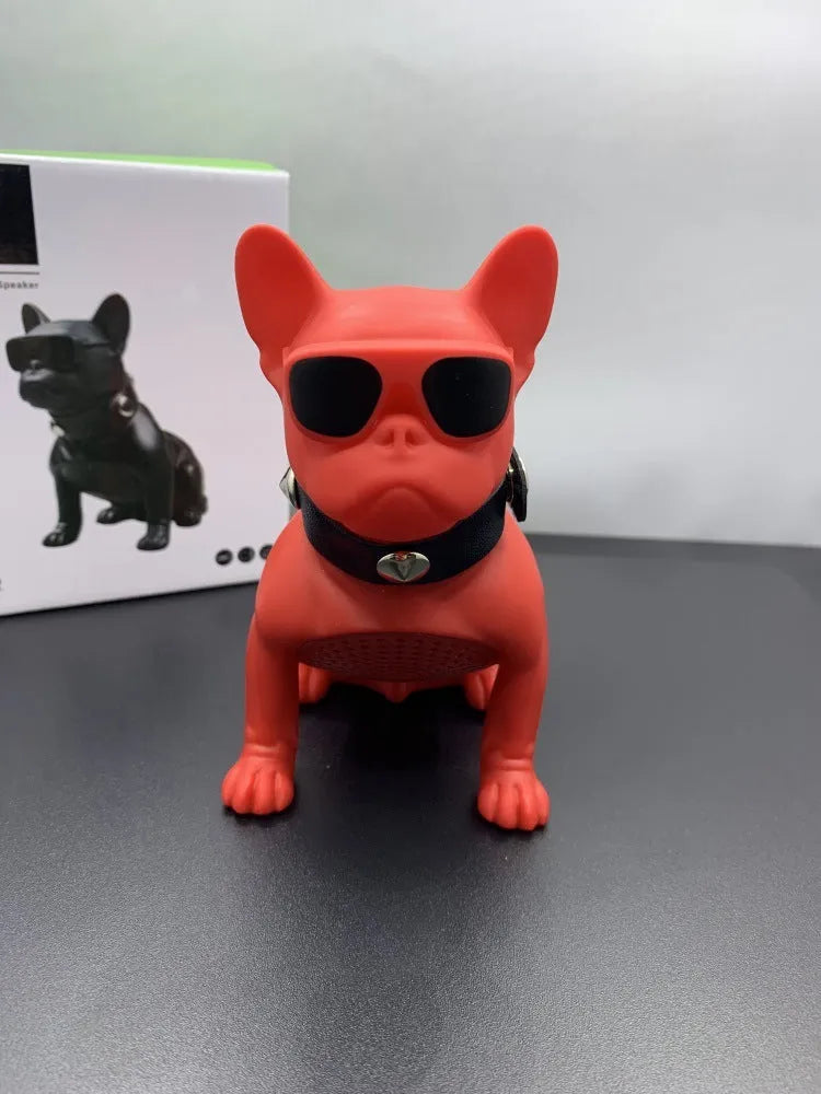 Mini full body bulldog Bluetooth speaker in three colour options showing dimensions