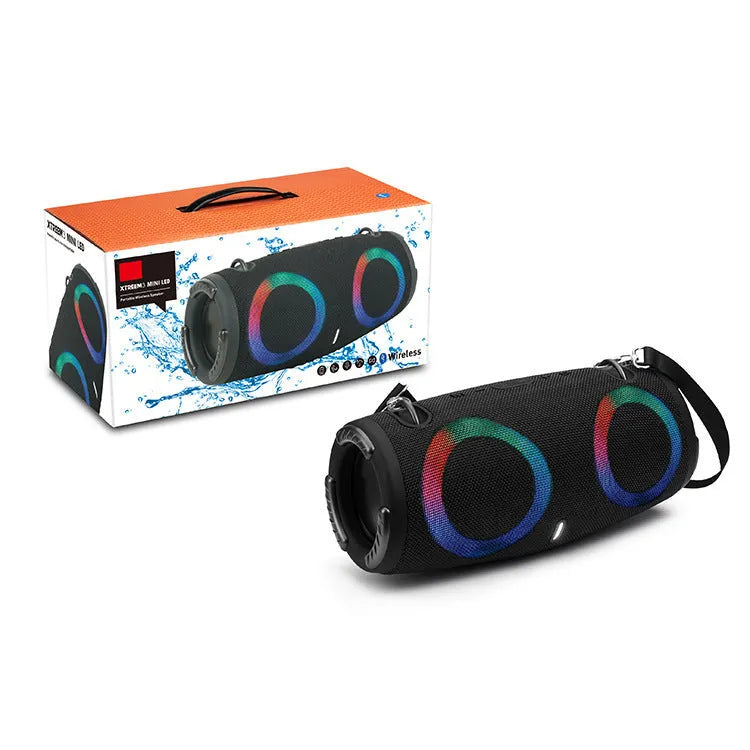 War drum design Bluetooth speaker with RGB coloured lights in black, blue, red, silver grey, and camouflage colours