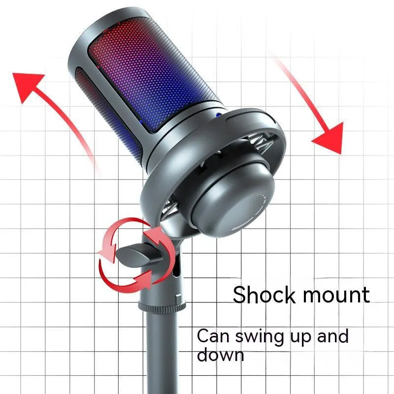 RGB illuminated condenser microphone on desk with USB cable, in black, white, or pink.