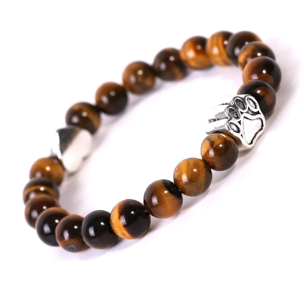 Tigereye Indian Agate stone bracelet with dog's paw geometric design and beaded texture