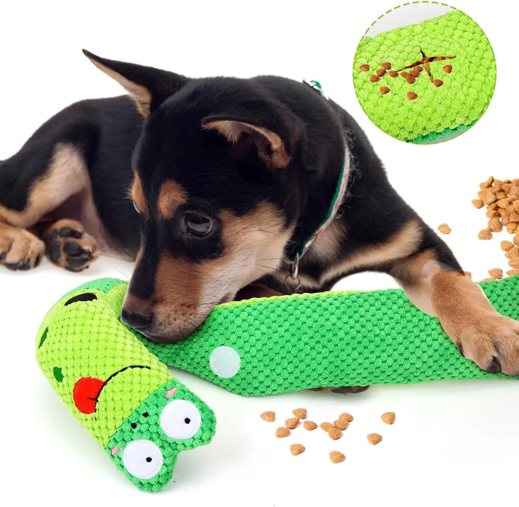 Squeak dog puzzle toy in frog design with hidden food holes for foraging training