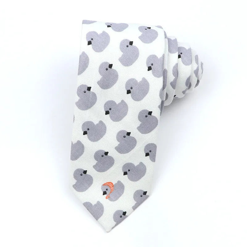 A narrow men's cotton bow tie with a printed cartoon pattern, shown in a colour from the GH21-01 to GH47-23 range.