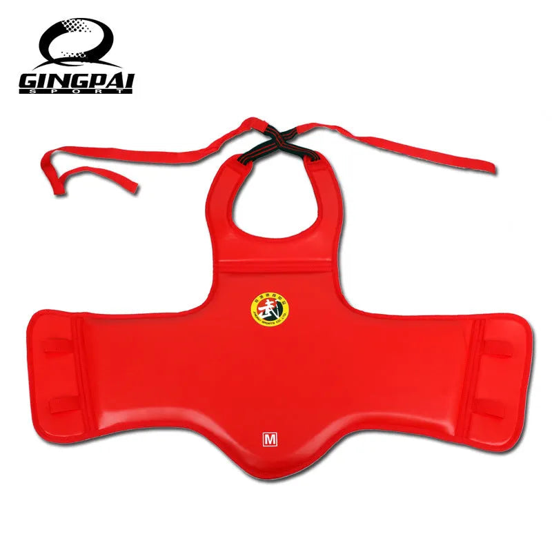 Red boxing helmet and matching one-piece chest protector set for training.