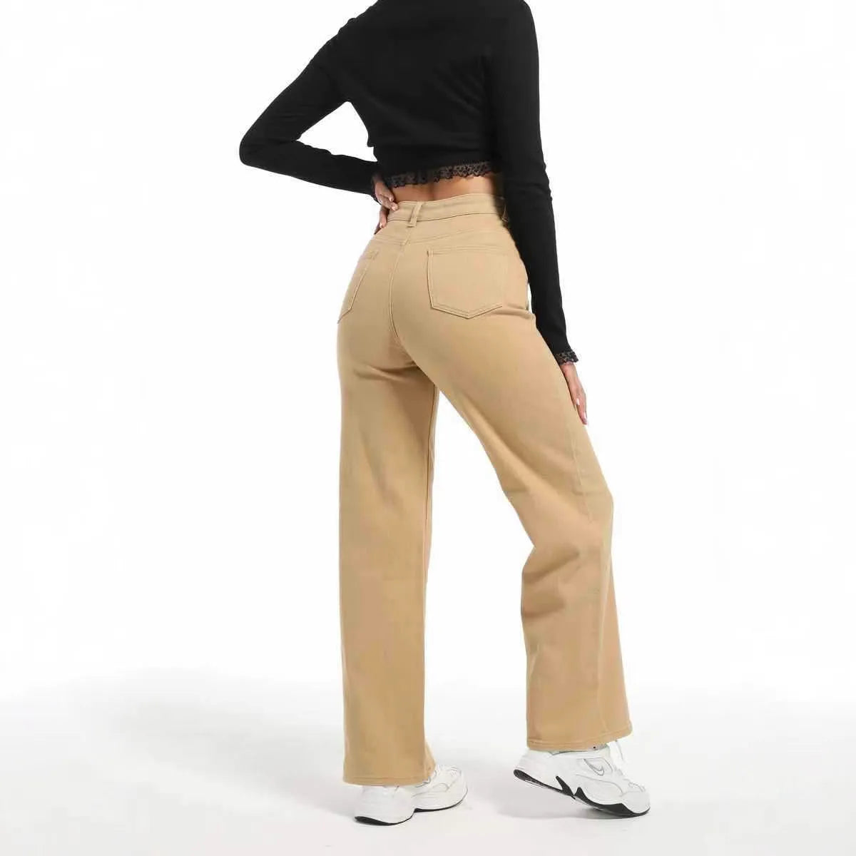 Women's straight wide leg jeans in apricot colour with high waist design