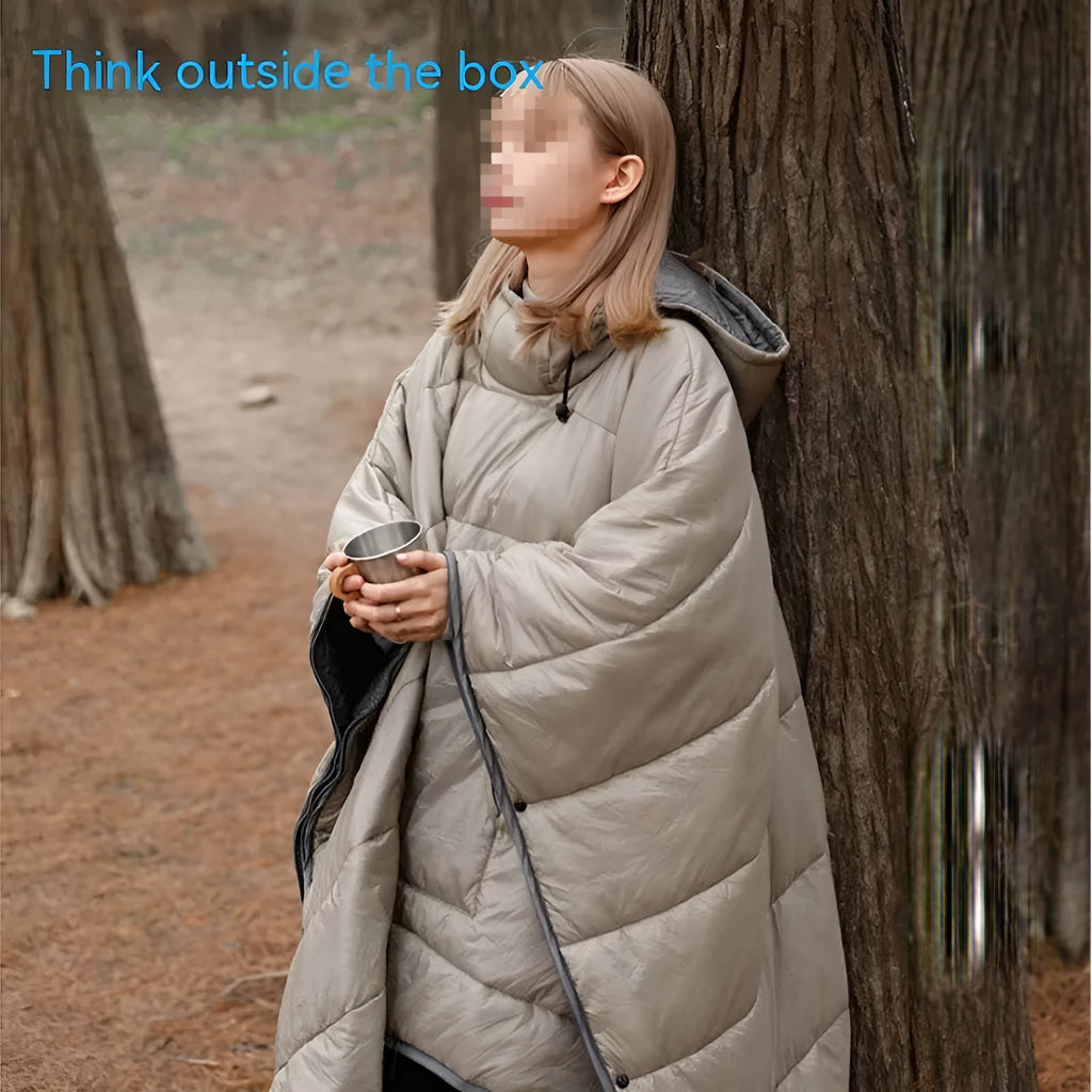 Adult outdoor cloak sleeping bag in Army Green or Gray, shown as wearable cape and laid flat as 200x140cm blanket