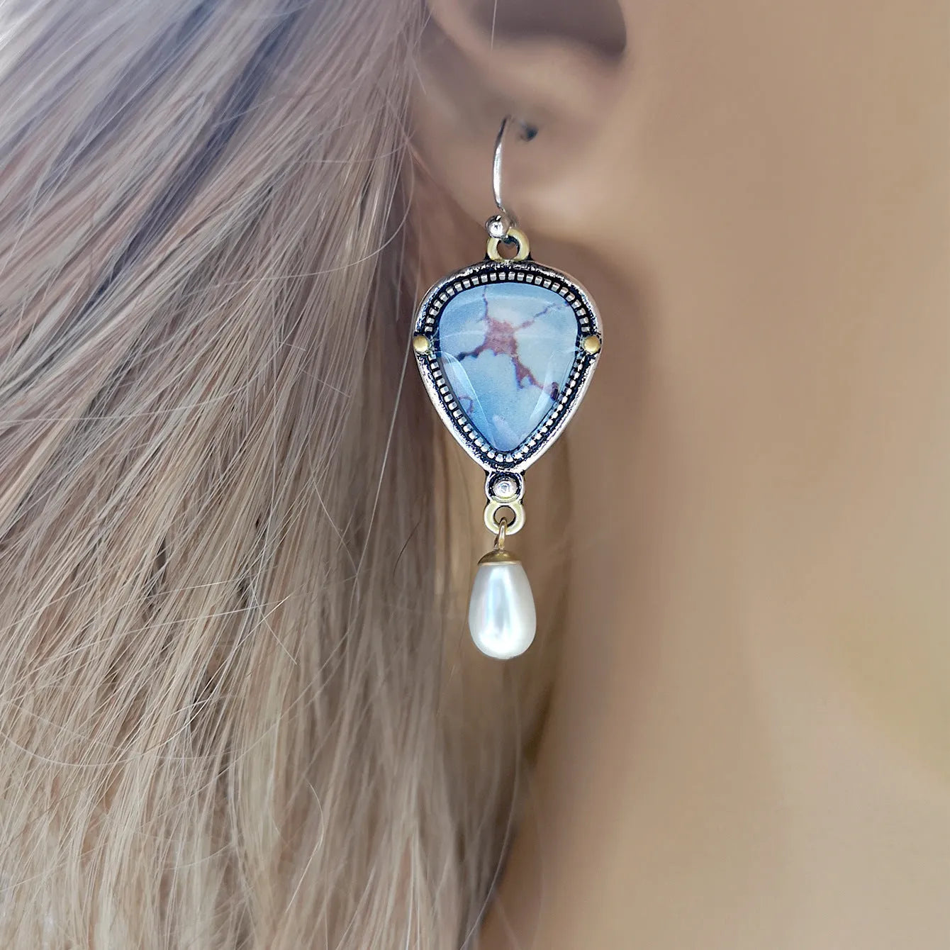 Bohemian geometric drop earrings with synthetic blue opal and white pearls on retro blue electroplated metal