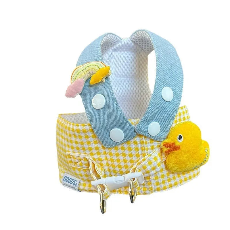 Dog wearing harness and leash with wire rope, cat clothes outfit with hat, three-piece pet set