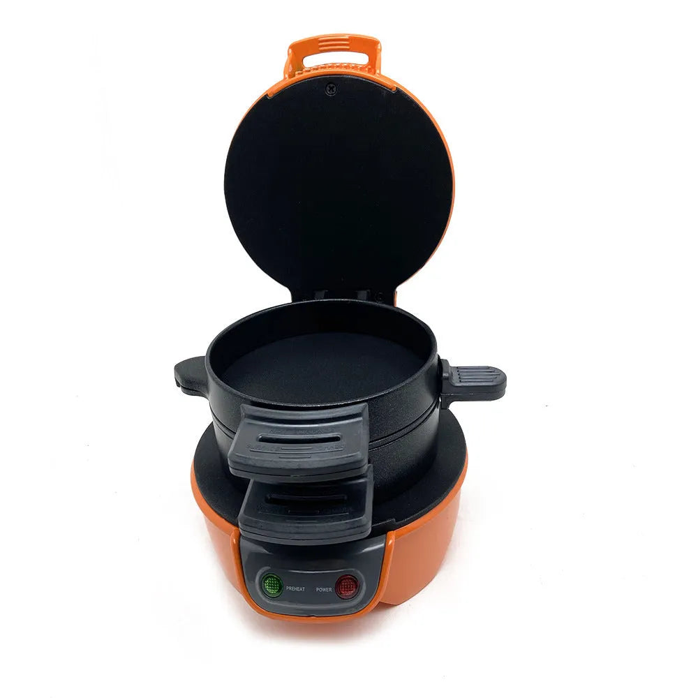 Bright red household breakfast machine sandwich maker with egg cooker ring and two baking trays.