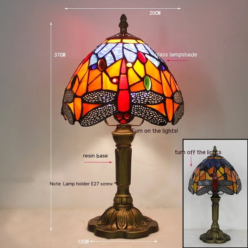 Tiffany style stone table lamp with green dragonfly motif available in 20cm 30cm and 40cm sizes for bedroom retro lighting