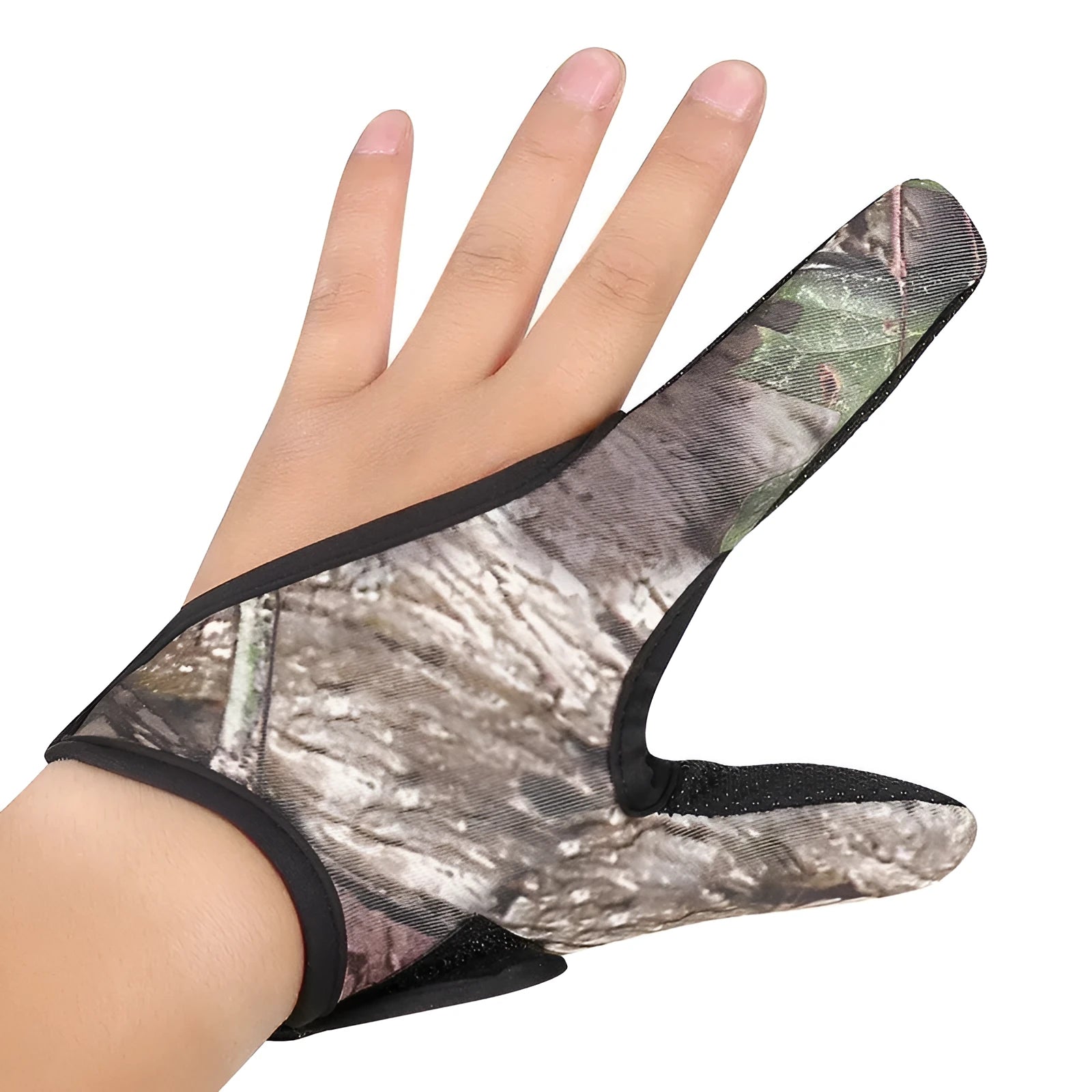 Two-finger fishing gloves showing diving cloth back and microfiber palm in camouflage colour