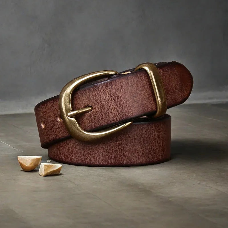 Men's casual leather belt with copper pin buckle in black, brown and khaki colours
