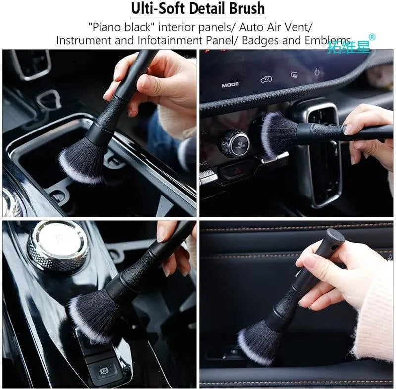 Black ultra-soft car detailing brush with pig hair bristles and PP plastic handle.