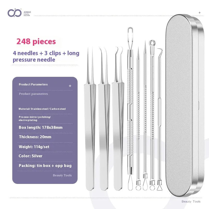 Four metal acne needles with ultra-fine pointed tips laid out in a set.
