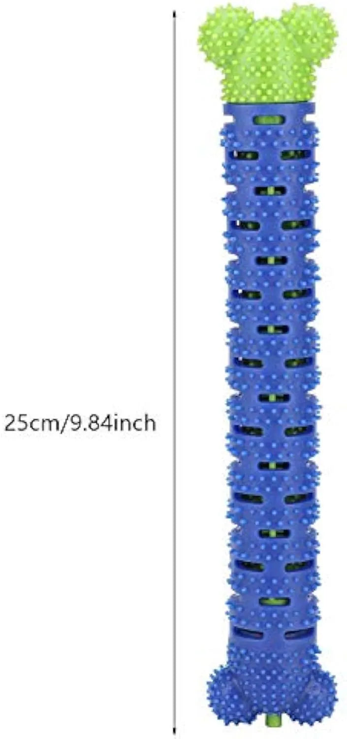 Blue green silicone dog dental cleaning stick with brush head design and gum massage nodules