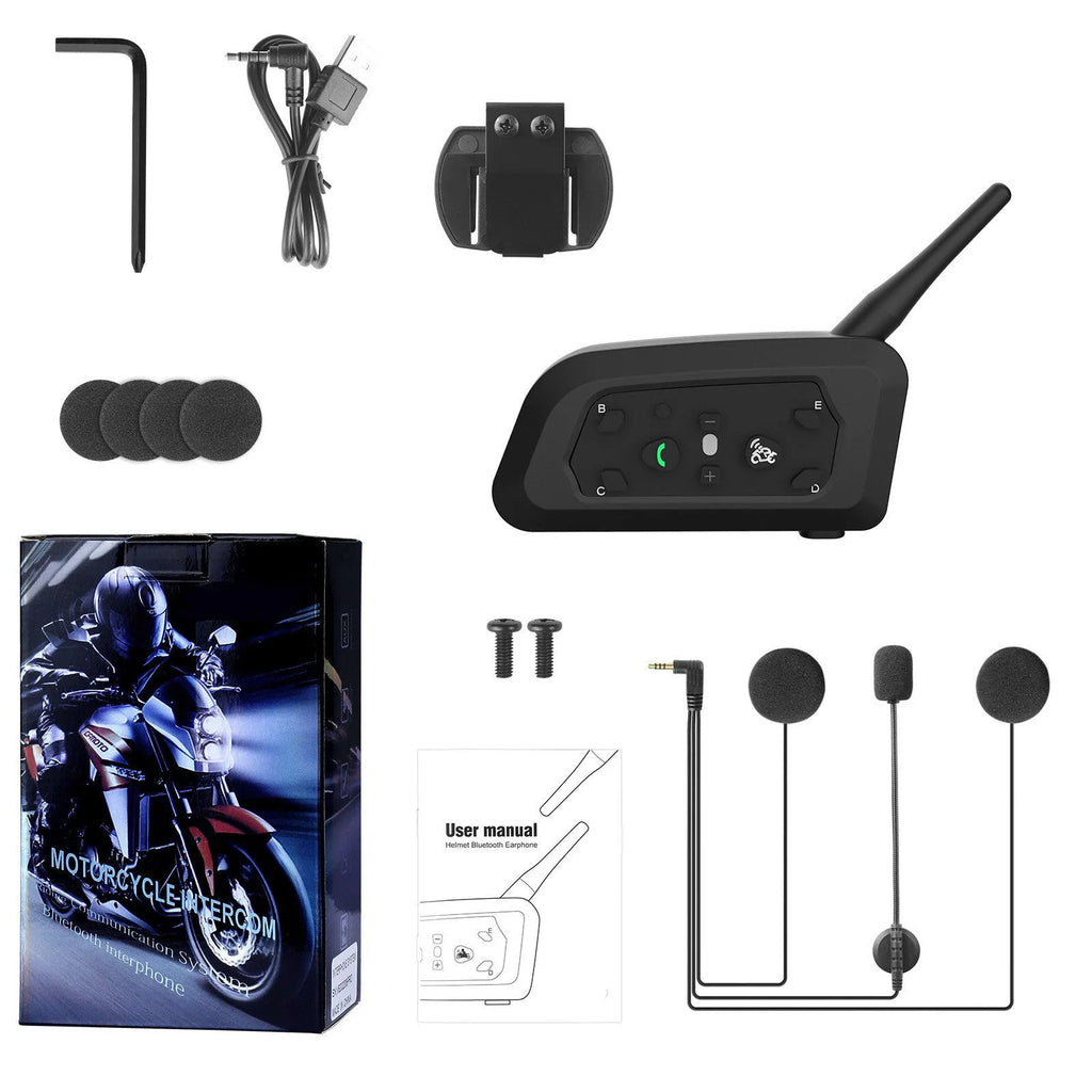 Motorcycle helmet Bluetooth intercom V6 Pro unit with headphone, mounting clip, and charging cable