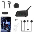 Motorcycle helmet Bluetooth intercom V6 Pro unit with headphone, mounting clip, and charging cable