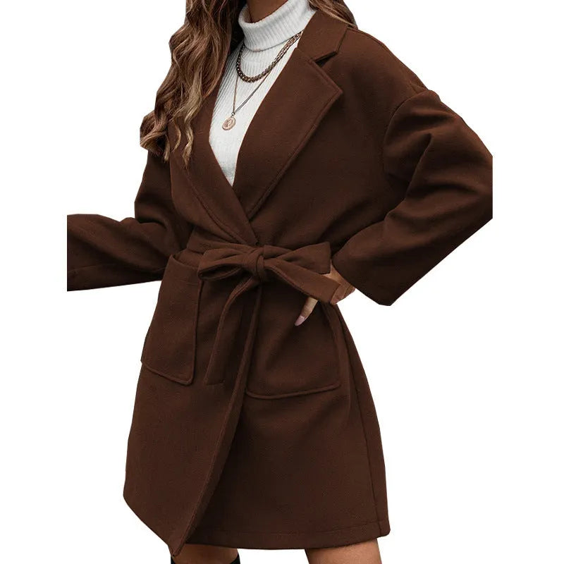 Men's minimalist lapel button split belt coat in thick polyester fabric with loose Japanese-Korean styling
