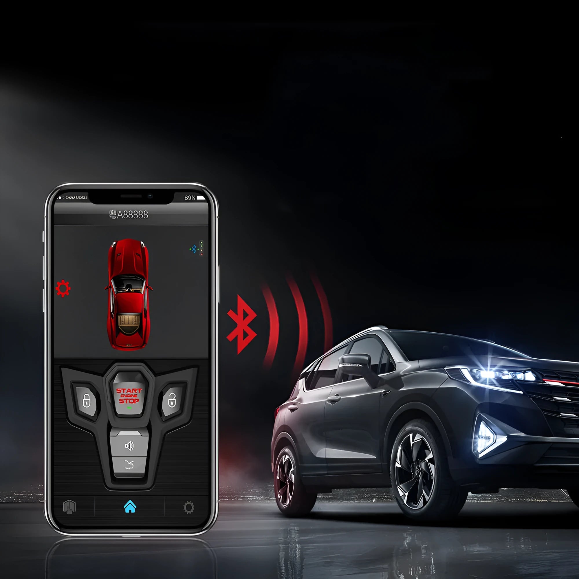 Red and black one-way car alarm remote control system with two remotes for 3000m range vehicle security.