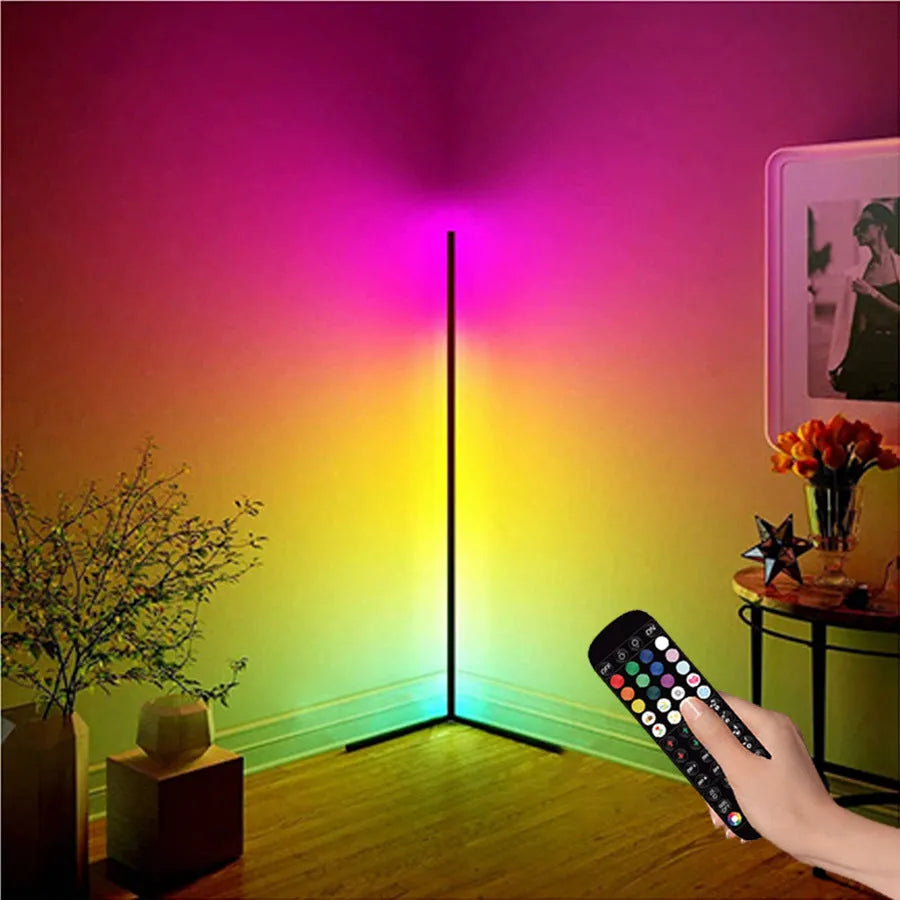 Black smart floor lamp with aluminium body and silicone shade, featuring remote-controlled RGB lighting