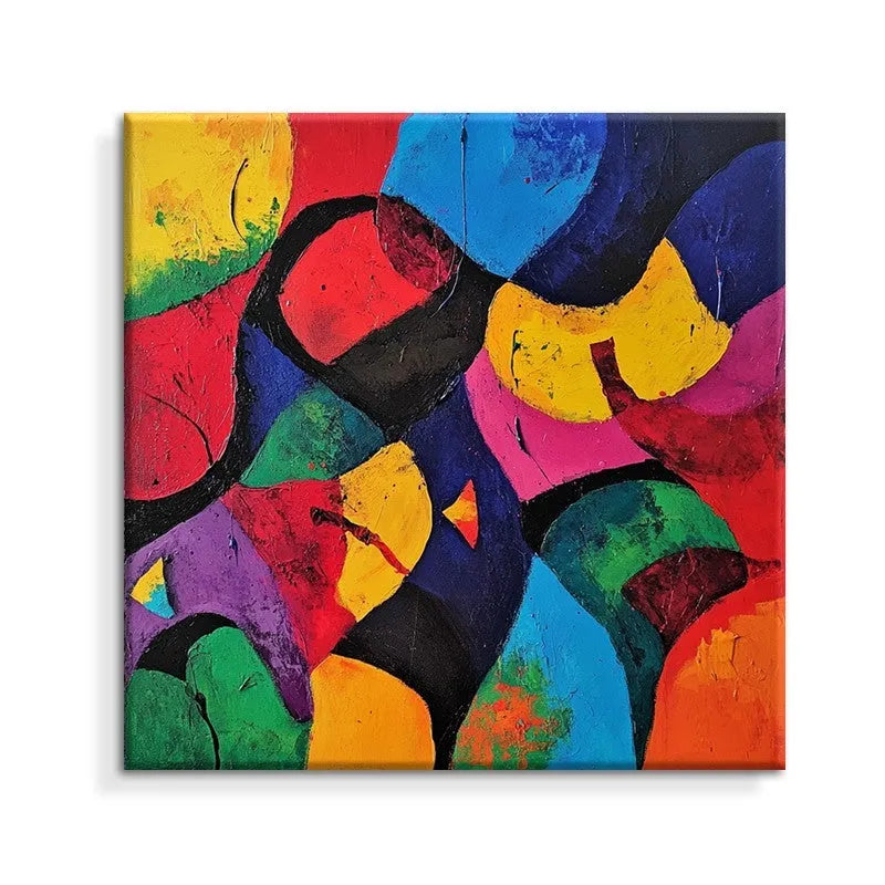 Hand-painted abstract oil painting on canvas, square unframed size 80x80cm, colourful design on white background.