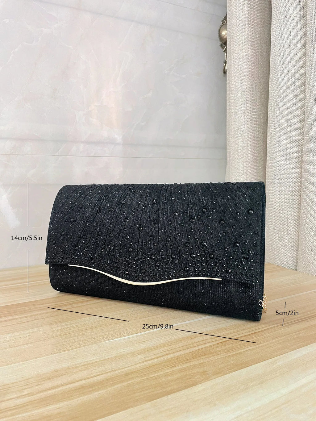 Woven fabric horizontal square dinner clutch with rhinestone diamond pattern, available in black, for women's party and daily use.