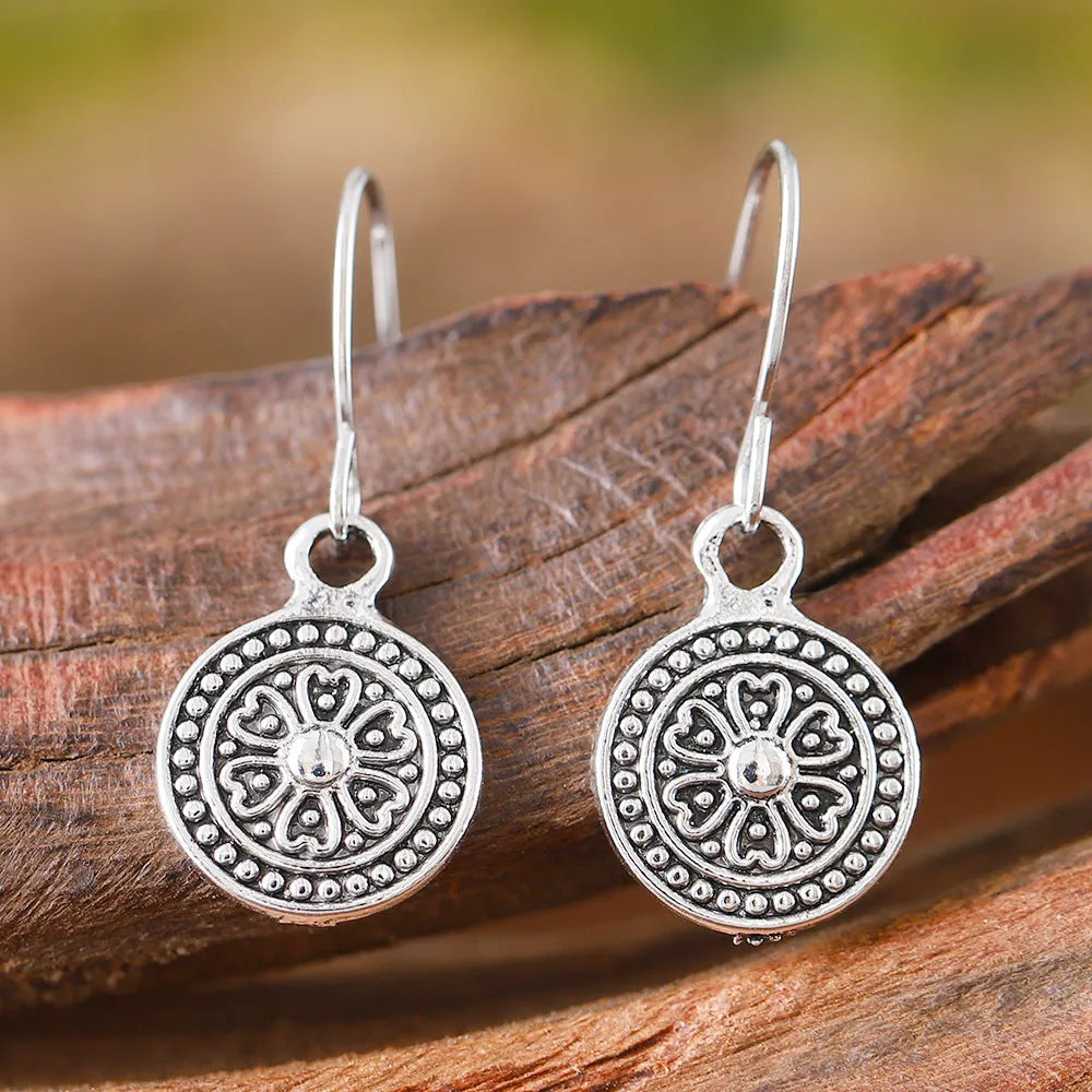 Bohemian retro geometric round earrings with distressed ethnic print in zinc alloy construction